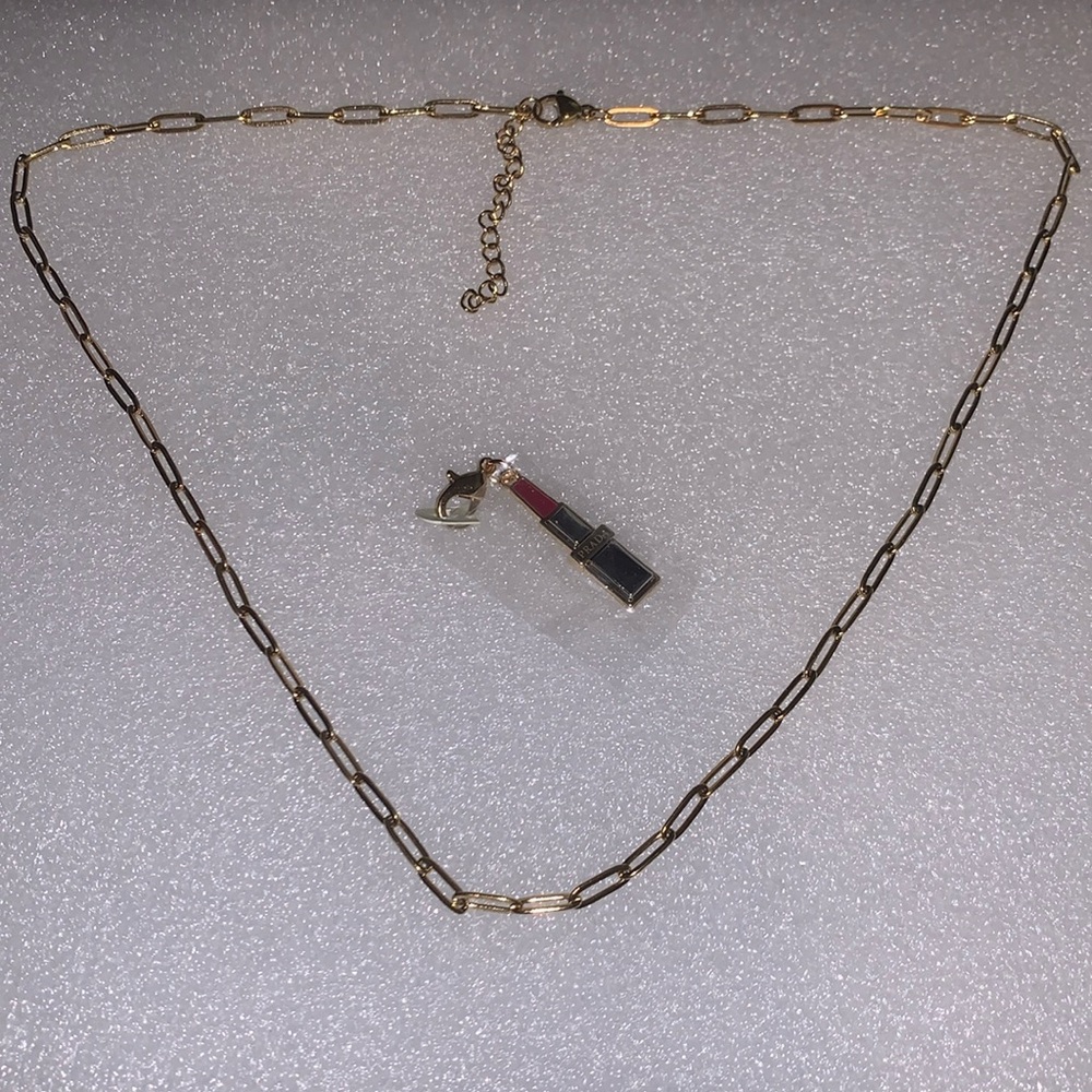 18k Gold-Plated Necklace with Authentic Prada Beauty Lipstick Charm NEW